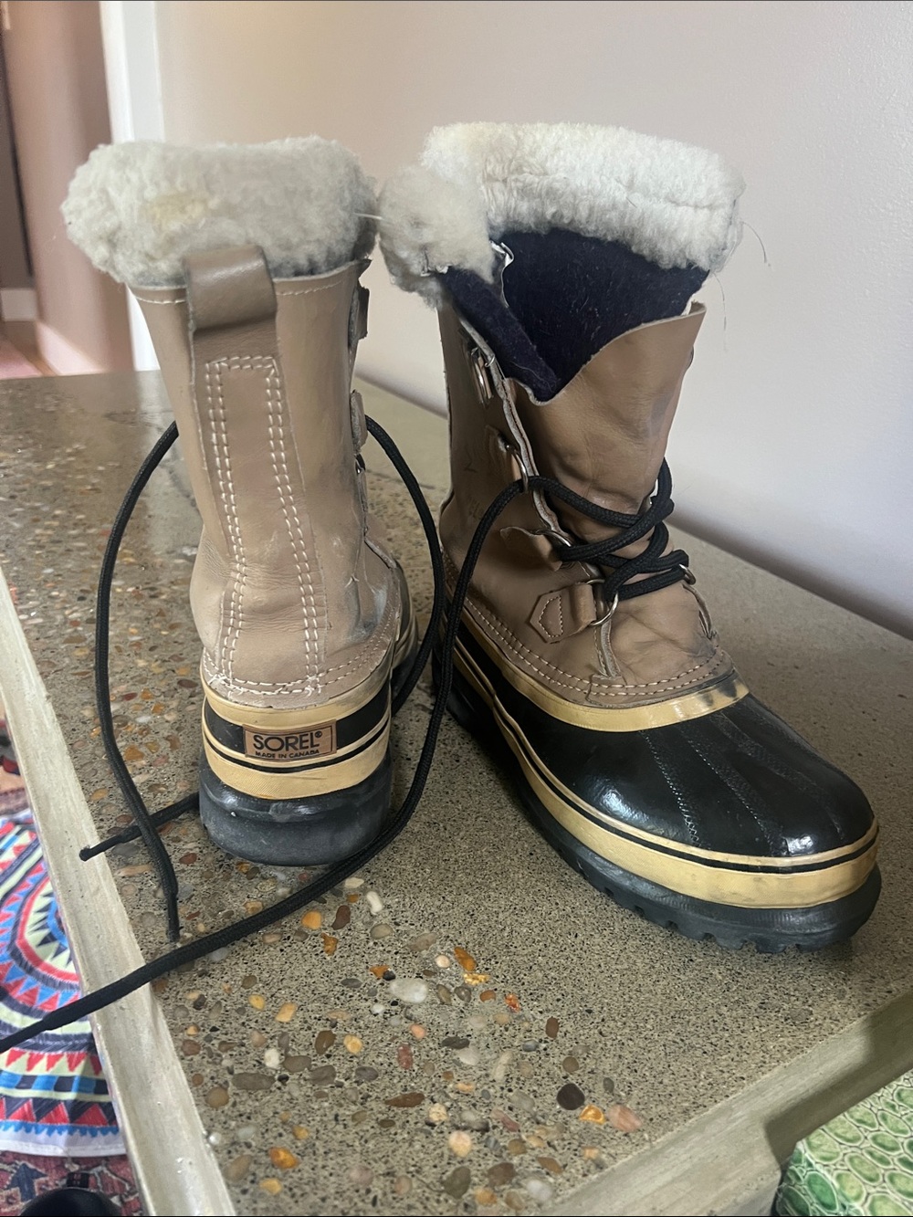 Sorel Women's Two-Tone Tan and Black Winter Rain Boots with Shearling Cuff